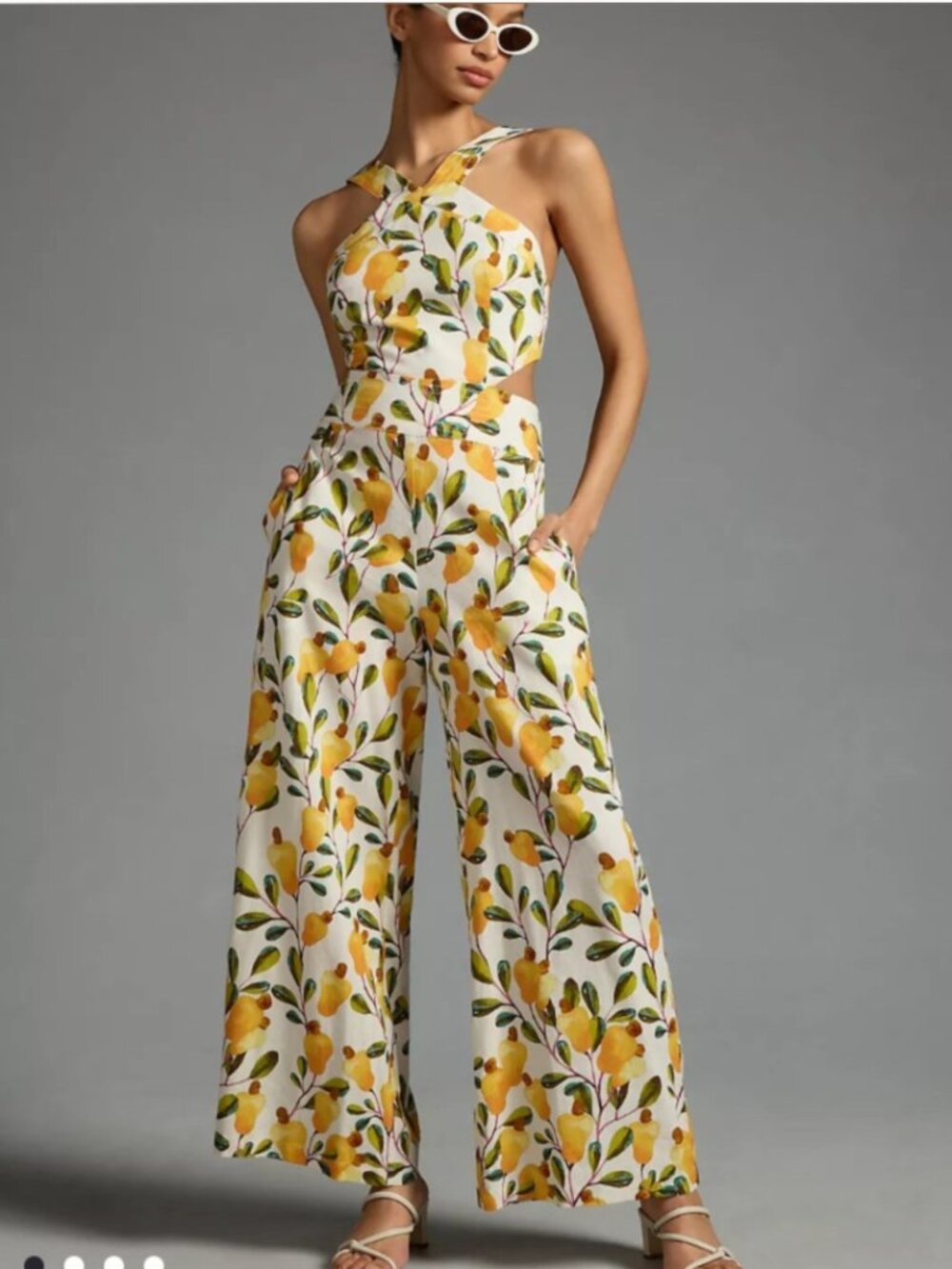 Farm Rio Halter Cutout Linen Blend Wide-Leg Pear Graphic Jumpsuit
